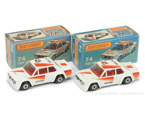 Matchbox Superfast 2 x 74e Fiat 131 Abarth - both are white body with burnt orange &amp; red racing number 45 tampo print, cl