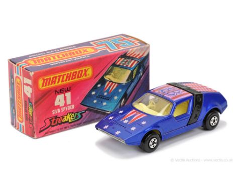 Matchbox Superfast 41b Siva Spyder Streakers issue - metallic dark blue body with RARE PINK &amp; RED RACING NUMBER 8 TAMPO P