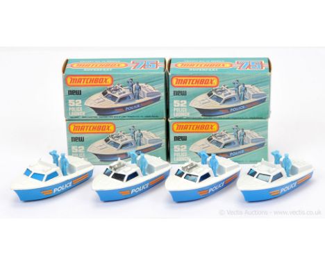 Matchbox Superfast 4 x 52b Police Launch - all are blue plastic hull - (1) with roof air horns, dark blue windows, blue plast