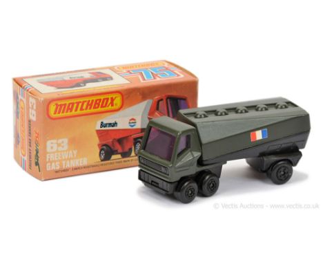 Matchbox Superfast 63b Freeway Gas Tanker Twin Pack Issue - dark olive green tractor unit &amp; trailer tank with French flag