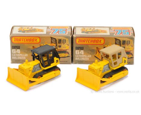 Matchbox Superfast 2 x 64d Caterpillar Bulldozer - both are yellow body with Caterpillar rear tampo print, yellow plastic bla