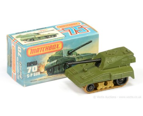 Matchbox Superfast 70c Self Propelled Gun MADE IN BRAZIL ISSUE - military green body, tan base which has been over-stamped "F