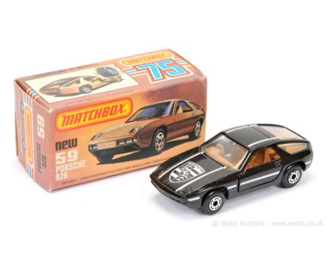 Matchbox Superfast 59d Porsche 928 - gloss black body with white stripe tampo print, clear windows, RARE BROWN INTERIOR, silv