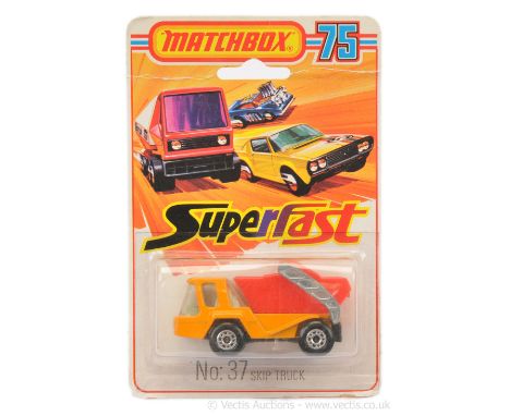 Matchbox Superfast 37c Skip Truck - light orange body, red skip, clear windows, pale grey interior, matt black base - Excelle