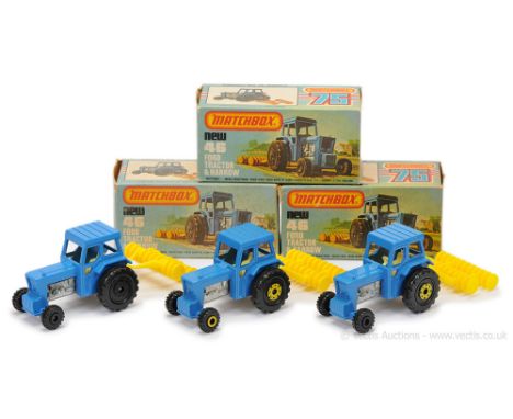 Matchbox Superfast 3 x 46c Ford Tractor &amp; Harrow - all are blue body with Ford grille badge, pale yellow interior, bare m
