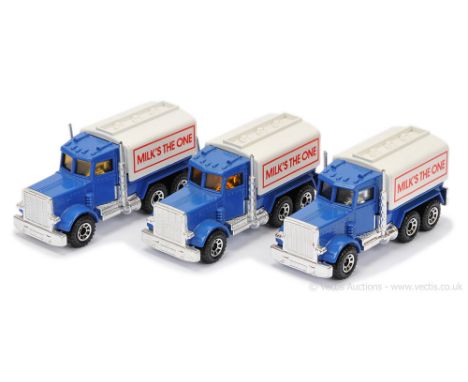Matchbox Superfast 56d Peterbilt Tanker - all are blue body &amp; chassis, white plastic tank with "Milk's The One" tampo pri