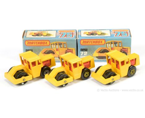 Matchbox Superfast 3 x 72c Bomag Road Roller - all are yellow body &amp; base (some slight shade variation between models), b