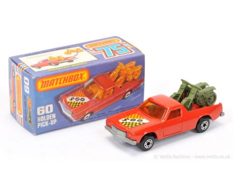 Matchbox Superfast 60c Holden Pick-Up Truck - red body with racing number 500 hood label, RARE DARK AMBER WINDOWS, red interi
