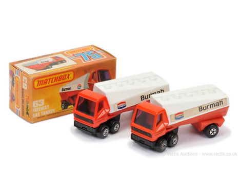 Matchbox Superfast 2 x 63b Freeway Gas Tanker "Burmah" - both are purple windows, labels facing front - (1) Lighter shade bur