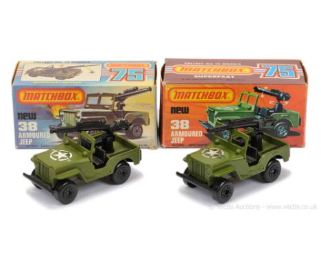 Matchbox Superfast 2 x 38c Armoured Jeep - both are military green body, 21-Star-11 hood label, matt black No.38 Jeep base, b