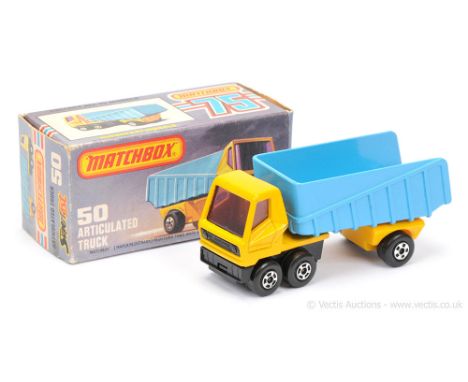 Matchbox Superfast 50b Articulated Truck - tractor unit has dark yellow body, purple windows, RARE 5-SPOKE WHEELS, trailer ha