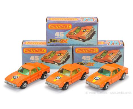 Matchbox Superfast 3 x 45b BMW 3.0 CSL - all are orange body with door braces (some shade difference), turquoise green window