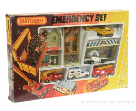 Matchbox Superfast G-7 Emergency Gift Set containing (1) 10c Plymouth Gran Fury Police Car - black &amp; white body with Poli