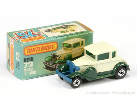 Matchbox Superfast 73c Ford Model A FACTORY PRE-PRODUCTION COLOUR TRIAL - cream body, dark green windows, BLUE PLASTIC RADIAT