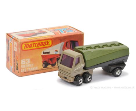 Matchbox Superfast 63b Freeway Gas Tanker FACTORY COLOUR TRIAL - grey tractor unit with purple windows, unusual khaki plastic