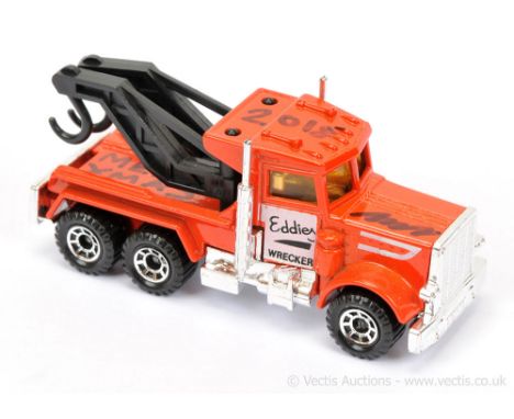 Matchbox Superfast 61c Peterbilt Wreck Truck - burnt orange body with double white stripe hood tampo print, black "Eddies Wre