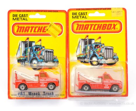 Matchbox Superfast 2 x 61b Ford A-Series Wreck Truck - both are red body with white "Radio Dispatches" tampo print, light amb