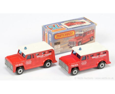 Matchbox Superfast 2 x 69c Armoured Security Truck - both are "732-2031" front wing tampo print, white plastic roof, light bl