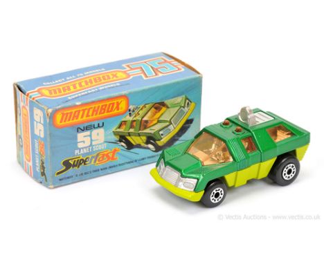 Matchbox Superfast 59c Planet Scout - metallic emerald green body, RARE LIGHT AMBER WINDOWS, chrome interior, lime green base