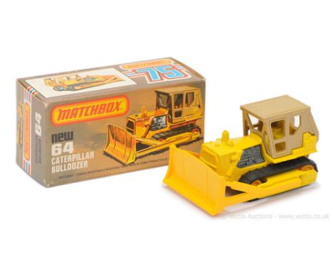 Matchbox Superfast 64d Caterpillar Bulldozer - RARE LEMON YELLOW BODY with tan plastic cab, yellow plastic blade, bare metal 