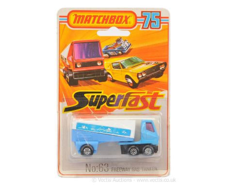Matchbox Superfast 63b Freeway Gas Tanker German Market issue "Aral" - Light blue Tractor Unit with purple windows, blue trai