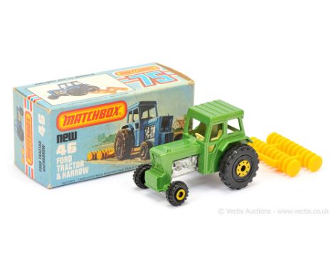 Matchbox Superfast 46c Ford Tractor &amp; Harrow - RARE METALLIC GREEN BODY WITH FORD GRILLE BADGE, pale yellow interior, bar