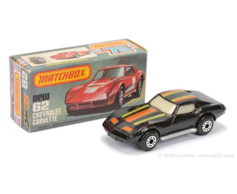 Matchbox Superfast 62d Chevrolet Corvette - gloss black body, with lime &amp; burnt orange stripe tampo print, glow windows, 