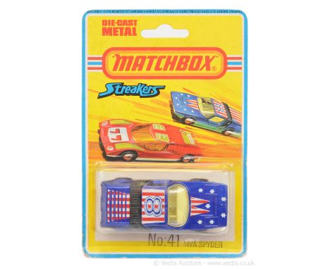 Matchbox Superfast 41b Siva Spider Streakers Issue - metallic dark blue body with racing number 8 tampo print, clear windows,