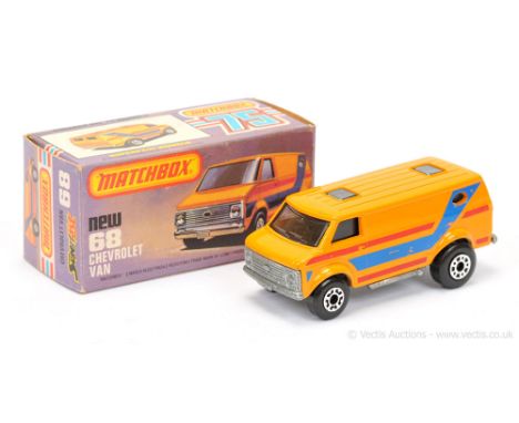 Matchbox Superfast 68c Chevrolet Van - orange body with blue &amp; red stripe tampo print, RARE PREDOMINATELY CLEAR WINDOWS W