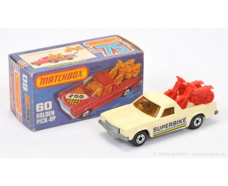 Matchbox Superfast 60c Holden Pick-up Truck - cream body with "Superbike" labels, light amber windows, RARE TAN INTERIOR, red
