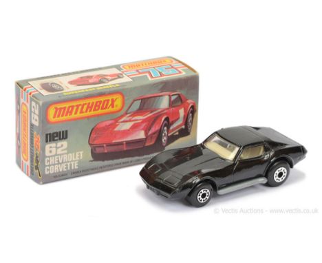 Matchbox Superfast 62d Chevrolet Corvette - RARE GLOSS BLACK BODY WITHOUT TAMPO PRINT, clear windows, pale grey interior, bar