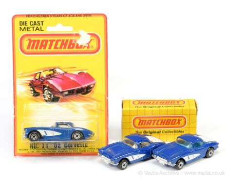 Matchbox Superfast 3 x 71c 1962 Corvette - all are dark blue body with white side &amp; trunk tampo print, clear windows, dar