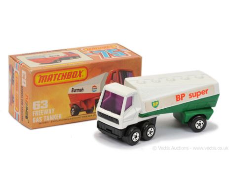 Matchbox Superfast 63b Freeway Gas Tanker "BP Super" - white tractor unit with purple windows, black plastic grille &amp; cha