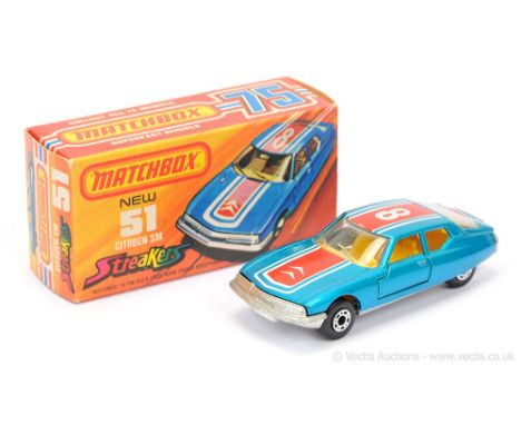 Matchbox Superfast 51b Citroen SM Streakers issue - metallic blue body with fish-tail racing number 8 tampo print, RARE DARK 