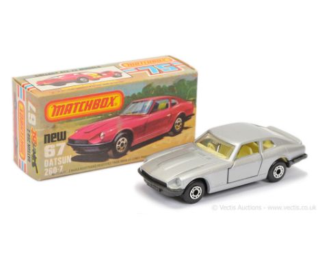 Matchbox Superfast 67c Datsun 260Z - metallic silver body, clear windows, pale yellow interior, RARE GRAPHITE GREY BASE - Exc