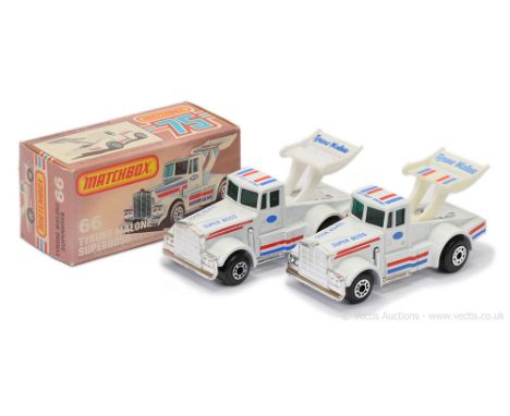 Matchbox Superfast 2 x 66d Tyrone Malone Superboss - both are white body with red &amp; blue "Detroit Diesel" tampo print, da