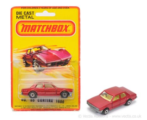 Matchbox Superfast 2 x 55d Ford Cortina - both are metallic red body, clear windows, pale yellow interior, bare metal base - 