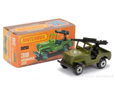 Matchbox Superfast 38c Armoured Jeep - Military green body without tow hook brace, 21-Star-11 hood label, RARE CHROME 5-CROWN