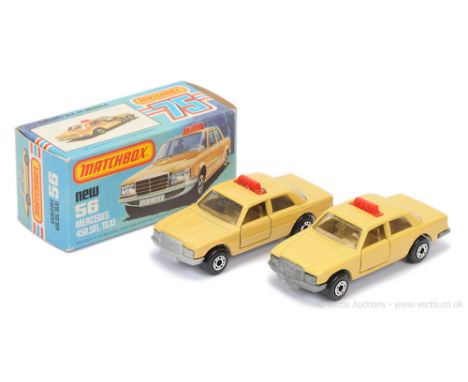 Matchbox Superfast 2 x 56c Mercedes 450 SEL Taxi - both are tan body, dark tan interior - (1) clear windows, bare metal base 