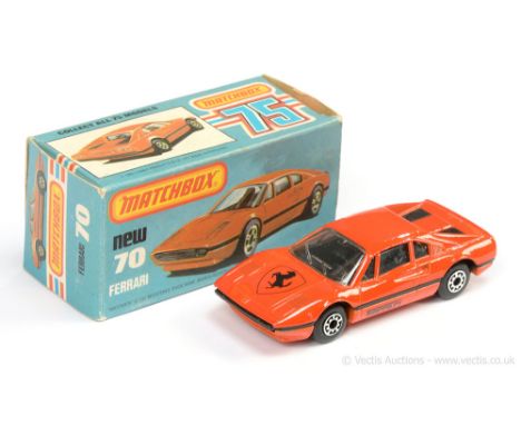 Matchbox Superfast 70d Ferrari 308 GTB - mid-burnt orange body with black Ferrari prancing horse hood tampo print, clear wind