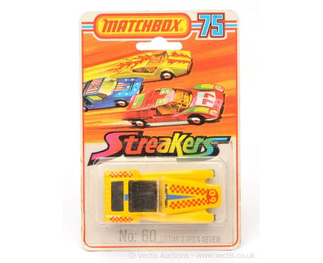 Matchbox Superfast 60b Lotus Super Seven Streakers issue - lighter shade yellow body with red and blue racing number 60 tampo