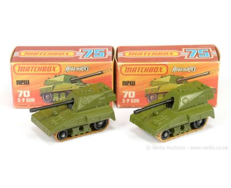 Matchbox Superfast 2 x 70c Self Propelled Gun - both are military green body &amp; base, black plastic rollers (1) lighter sh