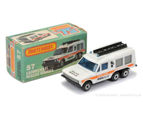 Matchbox Superfast 57e Range Rover Carmichael Commando Rescue Vehicle - white body with burnt orange &amp; black tampo print,