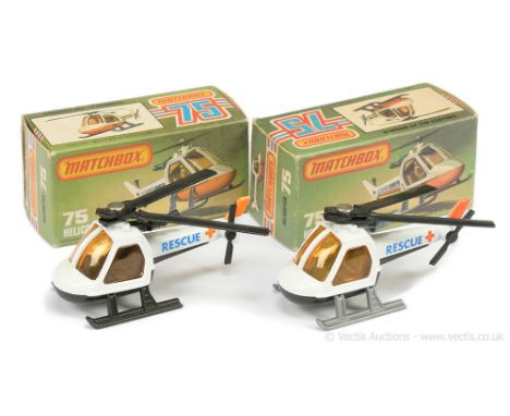 Matchbox Superfast 2 x 75d Rescue Helicopter - both are white cockpit &amp; tail, light amber windows, black plastic Lesney E