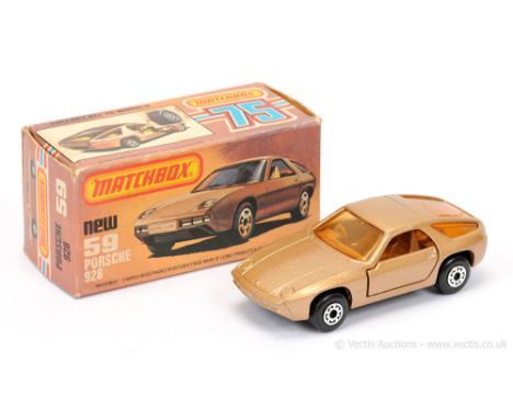 Matchbox Superfast 59d Porsche 928 - metallic champagne gold body, light amber windows, brown interior, RARE GRAPHITE GREY BA