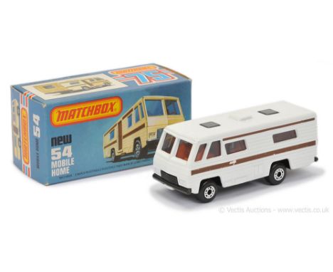 Matchbox Superfast 54d Mobile Home - white body with brown stripe tampo print, orange interior, dark charcoal grey base - Exc