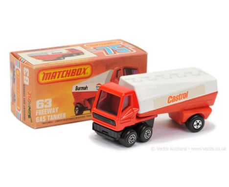 Matchbox Superfast 63b Freeway Gas Tanker "Castrol" - dark burnt orange tractor unit with purple windows, light red trailer c