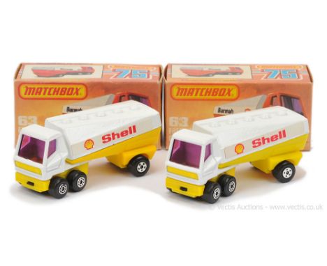 Matchbox Superfast 2 x 63b Freeway Gas Tanker "Shell" - both are white Tractor Unit with purple windows, lemon yellow grille 