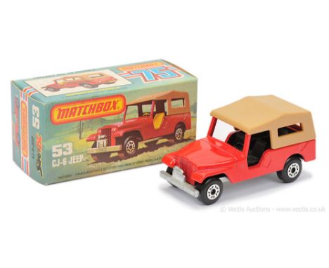 Matchbox Superfast 2 x 53c Jeep CJ6 - brighter red body, darker tan plastic roof, RARE BLACK INTERIOR, bare metal "Jeep CJ6" 