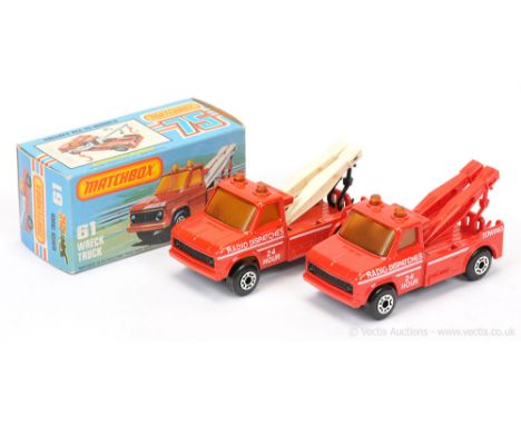 Matchbox Superfast 2 x 61b Ford A-Series Wreck Truck - both are red body (shade variation between models) with white "Radio D